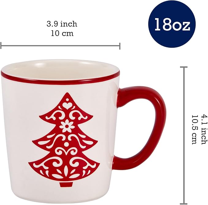 Bico Holly Jolly Ceramic Mug Set of 4, Christmas Coffee Mugs, 18oz Holiday Cups for Tea, Cocoa, or Hot Drinks, Microwave & Dishwasher Safe
