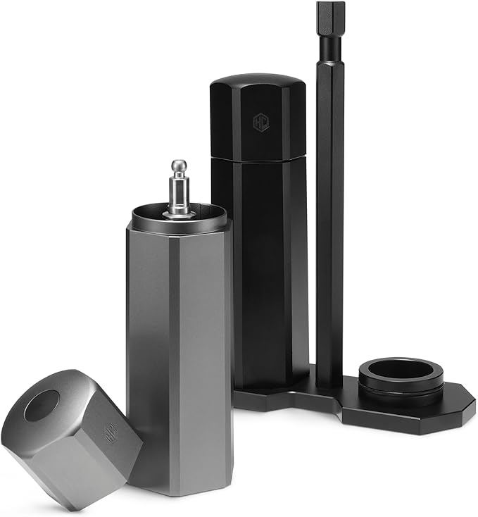HexClad HexMill Tabletop Salt and Pepper Grinder Set with Stand, 10 Adjustable Grind Settings, High-Efficiency Burr, Solid Milled Aluminum Build, Easy-Fill Cap, Convenient 5.25" Size for Tabletop Use