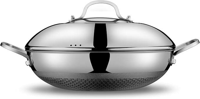Wok, 13 Inch Hybrid Woks & Stir-fry Pans Nonstick with Double Handles, Non Toxic Stainless Steel Wok Pan with Lid, Dishwasher Induction Oven Broiler Safe
