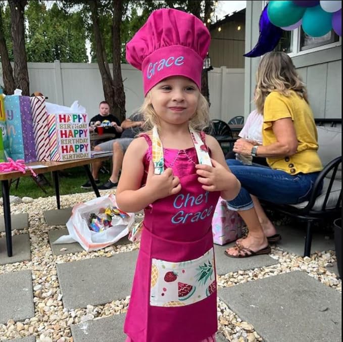 Personalized toddler apron for kitchen, custom cooking apron + chef hat set for kids, boy girl chef costume