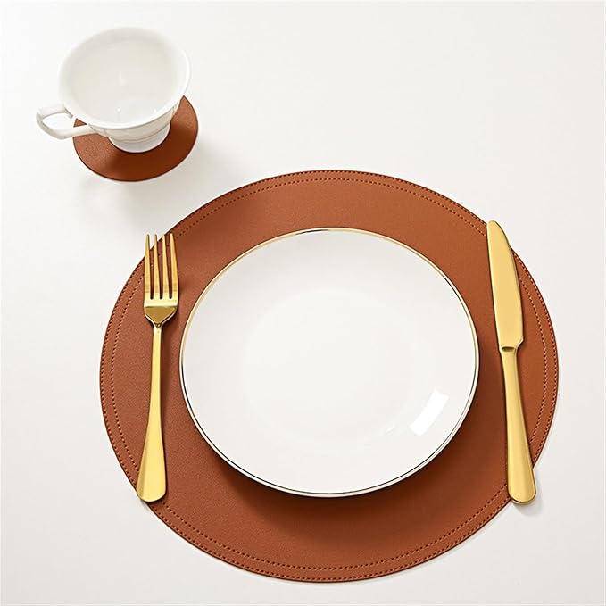 Color Tableware Pad Placemat PU Leather Table Mat Heat Insulation Non-Slip Bowl Coaster Kitchen(Brown)