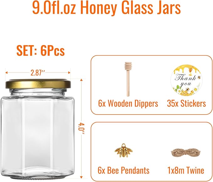 BIGIVACA 9 oz Hexagon Glass Honey Jars with Wood Dippers,6 Pack Honey Jars with Gold Lids,Bee Pendants,Jutes,35 Bee Stickers,Perfect for Baby Shower,Wedding Favors,Party Favors