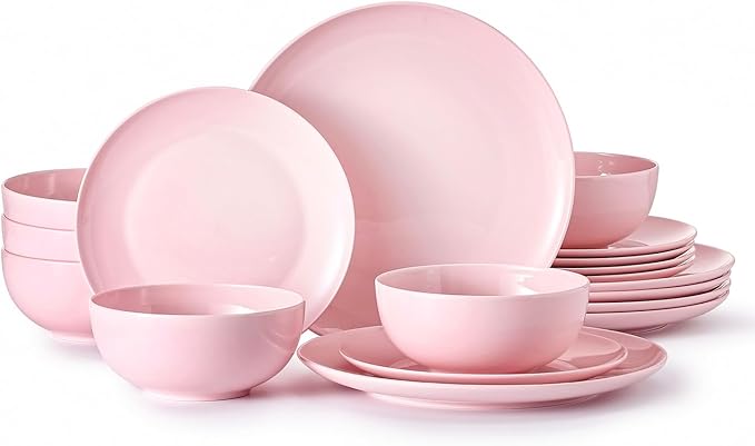 KINGSTONE Bone China Dinnerware Sets, 18-Piece Dinnerware Set for 6, Lightweight Durable, Dishwasher Safe, Tableware for Daily Use with Elegant Design, Pink