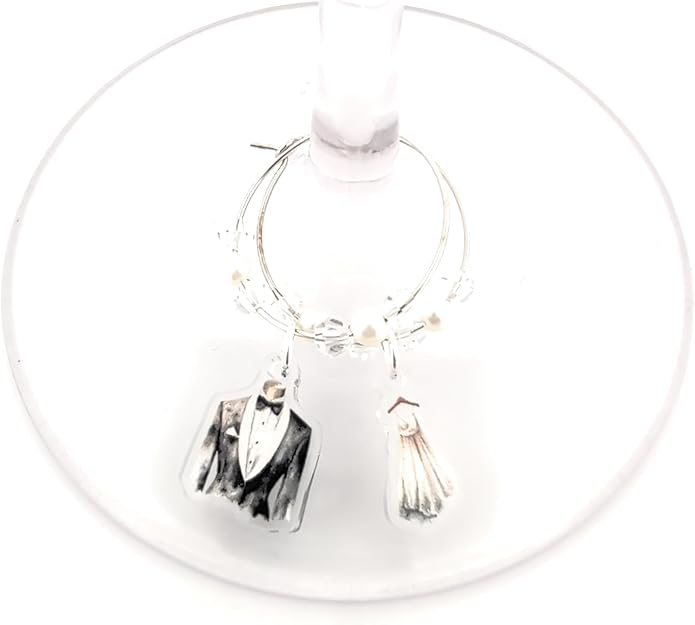 Pixie – Wedding Wine Glass Charms Gift with Tuxedo, Wedding Dress, Rings, Champagne, Car and Cake Designs, Silver-Tone with Pearl Accents, Engagement Party, Bridal Shower and Gifts - 6 Pack