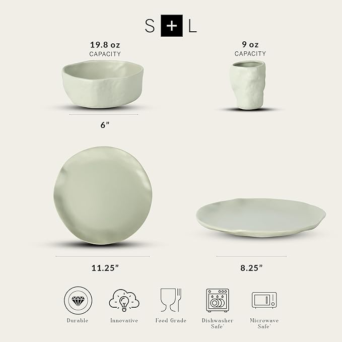 Stone by Mercer Project Atik Modern Stoneware 16-Piece Dinnerware Set, Plate and Bowl Set, Dish set for 4, Sage-Grey