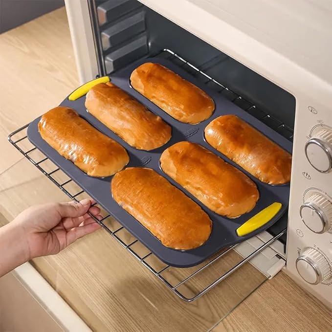 MUJUZE Hot Dog Bun Pan,6 Cavity Bread Loaf Pan,Silicone Hotdog Bun Mold,Nonstick & Heat proof Homemade Hotdog Bun Baking Pans,Sub Roll Baking Pans