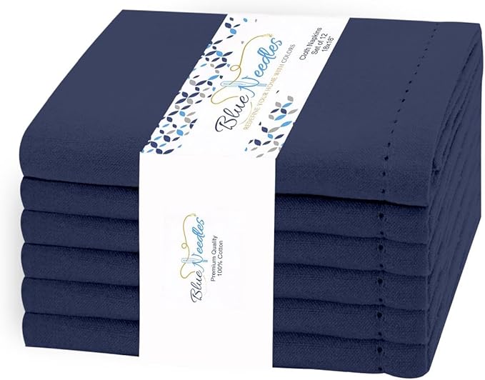 Blue Needles Set of 6 Hemstitch Linen Napkins 100% Cotton Navy Blue Cloth Dinner Napkins 18x18 inches, Soft, Reusable, Absorbent, Washable, Ideal for Wedding Events, Parties & Everyday Use