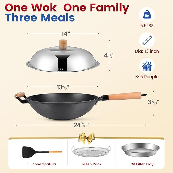AOSION 13'' Nonstick Wok, Cast Iron Wok with Lid, 5 PCS Wok Pan & Stir-Fry Pans Set with Oil Filter Tray and Spatula, No Chemical Coated Flat Bottom Chinese Woks Pan for All Stoves