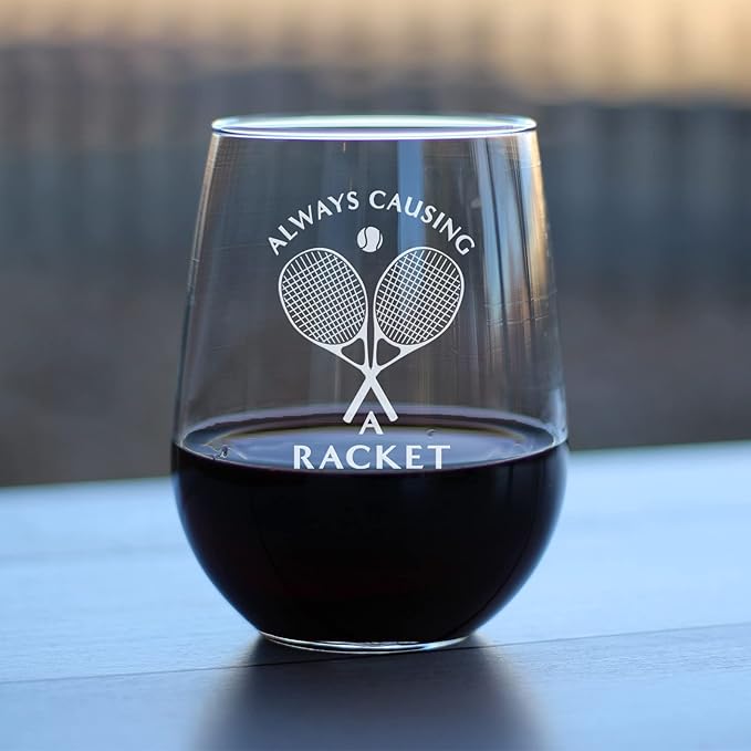 Bevvee Causing A Racket - Stemless Wine Glass - Funny Tennis Themed Decor and Gifts - Large 17 Oz Glasses
