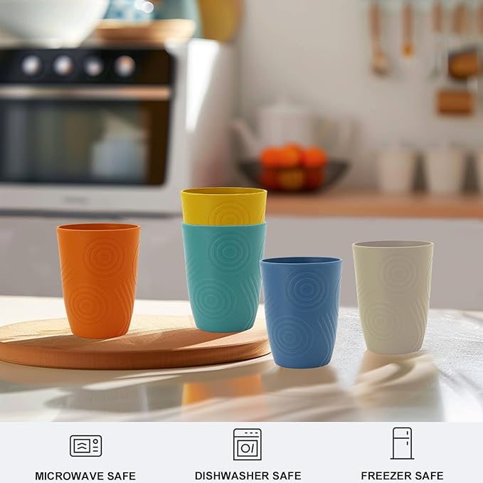 12oz Wheat Straw Cups Set of 6, Alternatives to Plastic Cups Reusable, Unbreakable Drinking Glasses, Microwave & Dishwasher Safe Drinking Cup, Small Water Cup for Kitchen, Party (Multicolor)