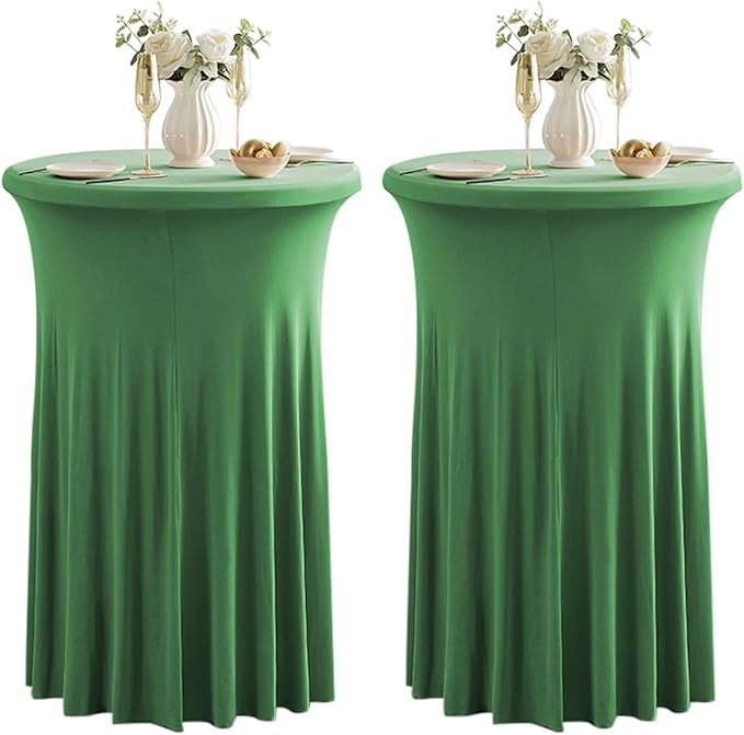 Qubjus 2 Pack Round Cocktail Table Covers with Skirt Stretch Spandex Tablecloth 24"x43" Cocktail Round Tablecloth for Party Wedding Birthday Banquet, Green
