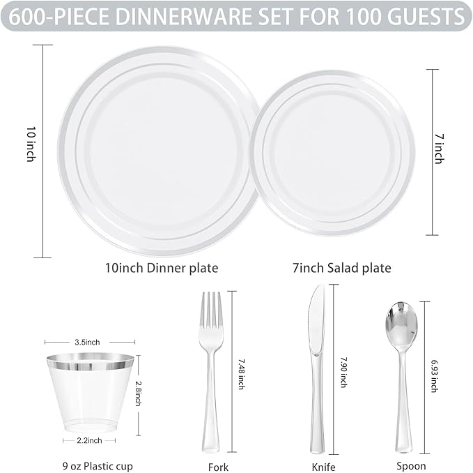 WELLIFE 600 PCS Silver Disposable Dinnerware Set for 100 Guests, Wedding Reception Plates & Silver Plastic Tableware, Dinner & Salad Plates, Cups, Forks, Knives & Spoons for Weddings & Elegant Events