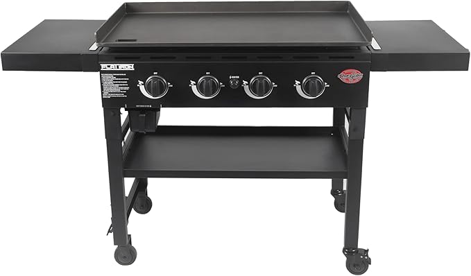 Char-Griller® Flat Iron 4-Burner Propane Gas Flat-Top Griddle with Steel Griddle Top, Wind Guards and Instant-Ignition, 775 Cooking Square Inches in Black, Model E8936