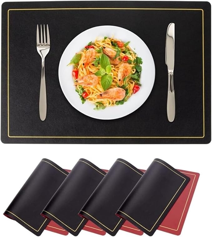 Double-Sided Color Black Red Placemats Set of 1/4/6 Gold Edge PU Leather Place Mats Indoor & Outdoor for Patio Table(SG Gold Grey,1set)