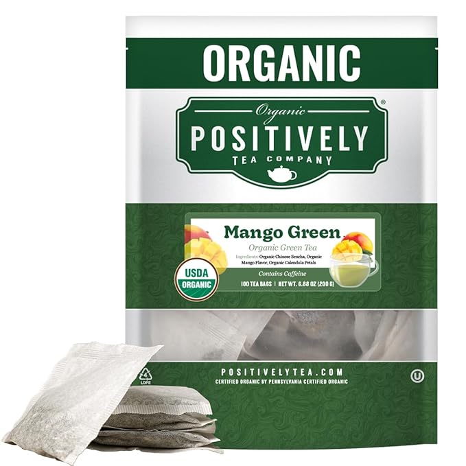 Organic Positively Tea Company, Mango Green Tea Bags, 100 Count, Eco-Friendly Tea Bags, Non-GMO