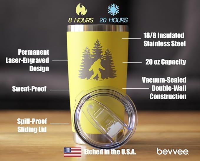 Bevvee Bigfoot - Insulated Coffee Tumbler Cup with Sliding Lid - Stainless Steel Insulated Mug - Funny Bigfoot Gifts for Sasquatch Enthusiasts - Yellow