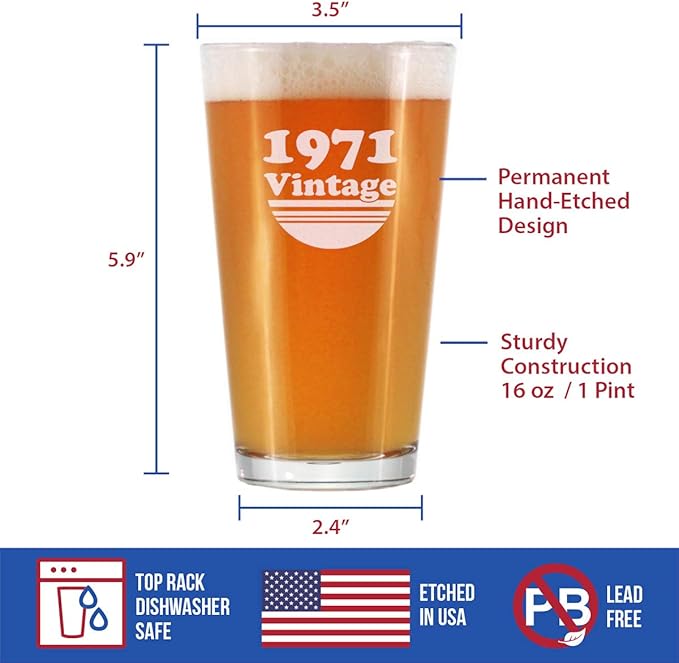 Bevvee Vintage 1971 Pint Glass for Beer - 55th Birthday Gifts for Men or Women Turning 55 - Fun Bday Party Decor - 16 oz