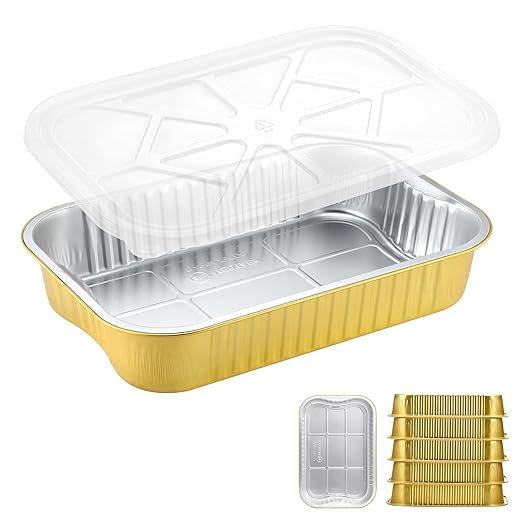 13" x 8.8" Heavy-Duty Aluminum Foil Pans with Lids & Handles, 118oz, 5 Pack – Extra-Thick Disposable Foil Containers for Oven, Baking, Freezer & Food Storage