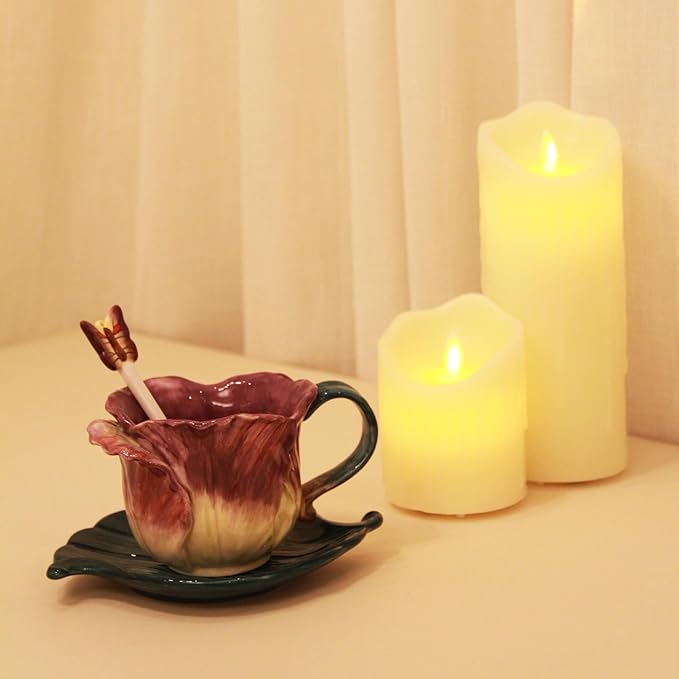 Ceramic Tea Cup and Saucer Set ，6OZ 3D Hand-Painted Flower and Lotus Leaf Coffee Mug，Gift for Women- Purple Tulip