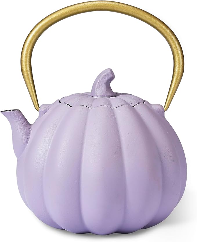 Pumpkin Cast Iron Teapot with Infuser - 40oz Japanese Iron Tea Kettle with Enamel Interior, Cute Halloween Teapot for Loose Tea & Coffee, Stainless Steel Filter, Stove Safe (Purple)