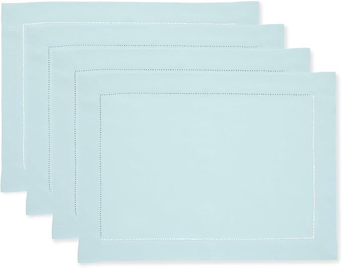 Solino Home Linen Cloth Placemats Set of 4-100% Pure Linen Hemstitch Aqua Blue Placemats 14 x 19 Inch - Classic Hemstitch Table Place Mats for Winter, Spring, Easter