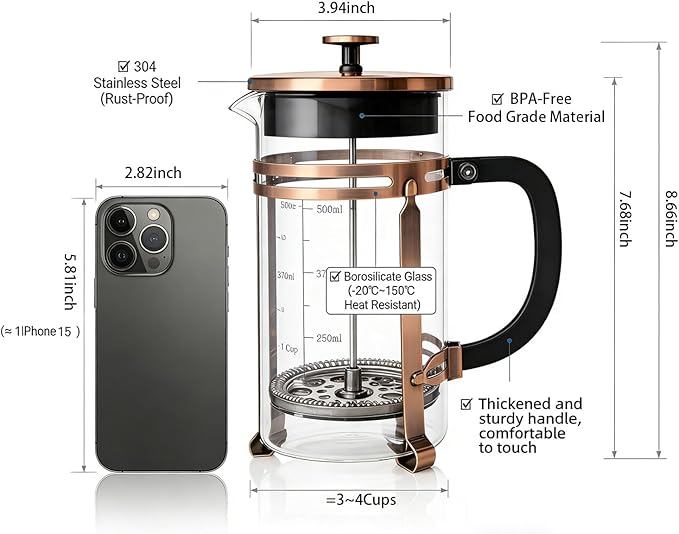 French Press Coffee Maker 34 oz, 304 Stainless Steel Double Mesh Filter, Borosilicate Glass, Heat-Resistant, BPA-Free, Large Capacity for Family & Office, Great Gift