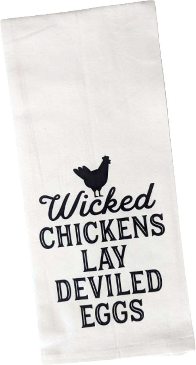 Funny Farm Theme Flour Sack, Tea Kitchen Towel Wicked Chickens Lay Deviled Eggs