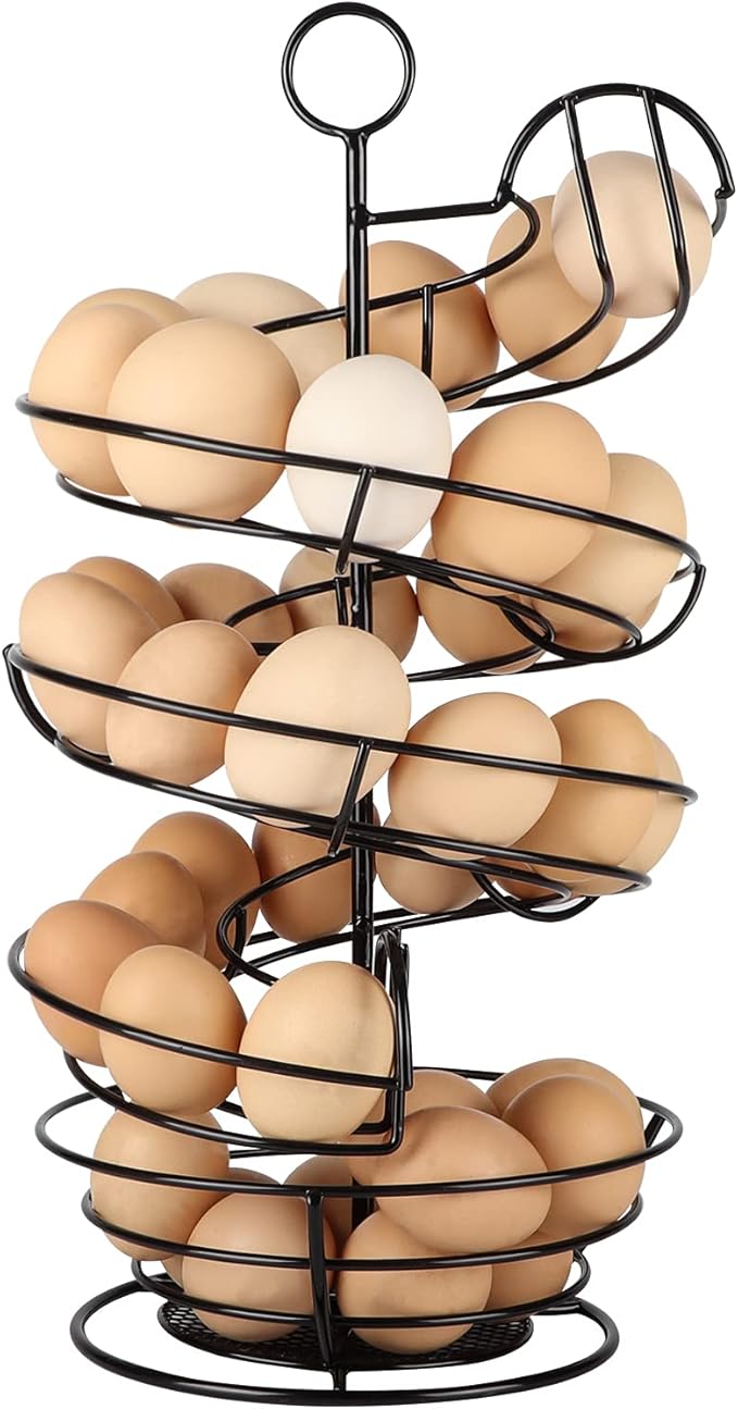 QUTREY Black Metal Egg Holder Countertop, Fresh Egg Skelter, Spiral Design Egg Dispenser Rack with Storage Basket for Kitchen