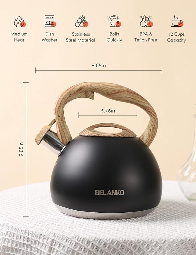 BELANKO 2.7 Quart Tea Kettle for Stovetops - Food Grade Stainless Steel Teapot with Loud Whistle, Cool-Touch Wood Pattern Handle, Rust-Resistant Whistling Kettle - Matte Black