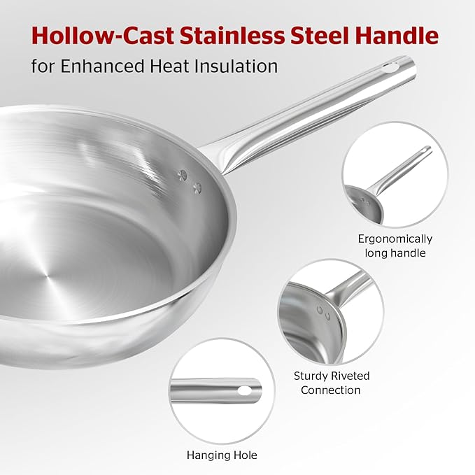 Sunhouse 11 Inch Tri-Ply Stainless Steel Frying Pan, Whole-Clad No Coatings Skillet with Stay-cool Handle for Cooking, Durable & Oven Safe to 500°F, Dishwasher Safe, Compatible with All Cooktops