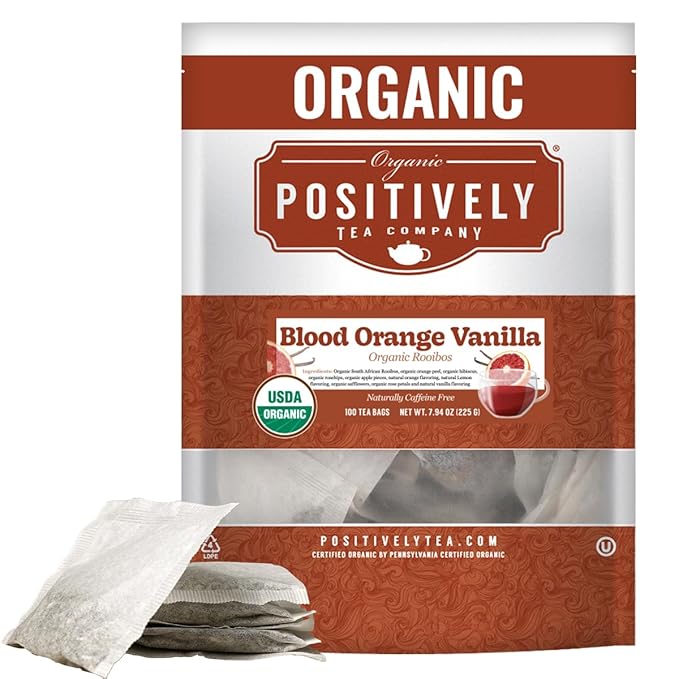 Organic Positively Tea Company, Blood Orange Vanilla Rooibos Tea Bags, 100 Count, Eco-Friendly Tea Bags, Non-GMO
