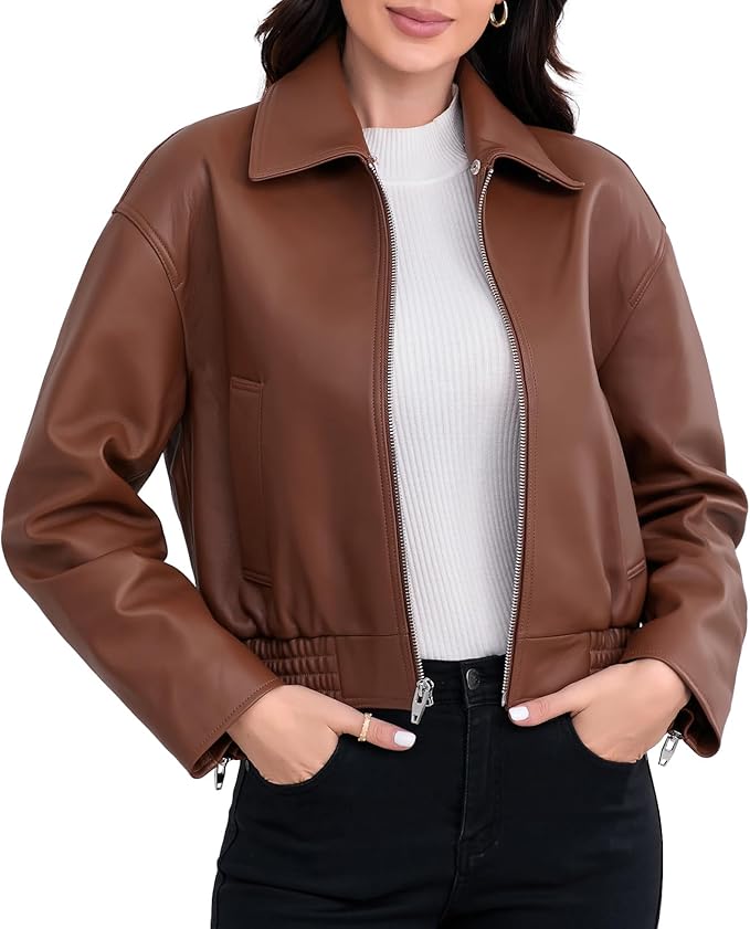 SILVER FASHIONS Leather Jacket Women,Cropped Lambskin Bomber Jacket,Removable Sherpa Collar, Zip Front, Elasticized Hem