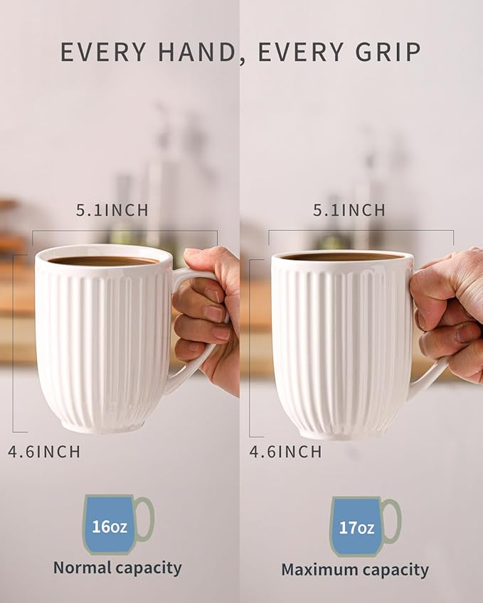 HASENSE Coffee Mugs Set of 4, 16 Oz Coffee Mugs with Big Handle, Large Modern White Ceramic Coffee Cups for Latte, Tea, Cocoa, Milk, Cappuccino, Microwave & Dishwasher Safe, Ideal for Housewarming