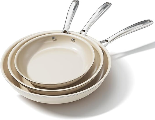 Ceramic Nonstick Frying Pans Set, Fry Pan Skillet, Non Toxic Pans for Cooking, Egg Pans，Induction Suitable，PFAS-Free Cookware, Dishwasher Safe, Oven Safe (Cream White, 8''+9.5''+11")