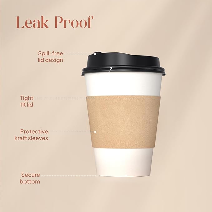 50 Pack 12 oz Compostable Coffee Cups with Lids and Straws, Biodegradable PLA Paper Cups, Eco-Friendly Disposable To Go Cups for Hot and Cold Drinks, White Bulk Cups for Office, Party, Travel