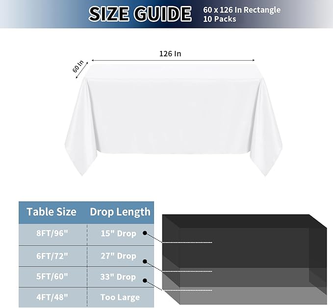 PureFit 10 Pack Rectangle White Table Cloths 60 x 126 Inch for 6Ft Tables, Stain and Wrinkle Resistant Table Linens for Home Use, Wedding, Party, Banquet and Camping