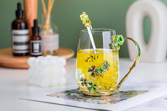 Luka Tech four-leaf clover flower Glass Coffee Mugs Tea Cup with Spoon, Unique Gifts For Women Wife Mom Friends Birthday Mothers Valentines Day Christmas (Green)