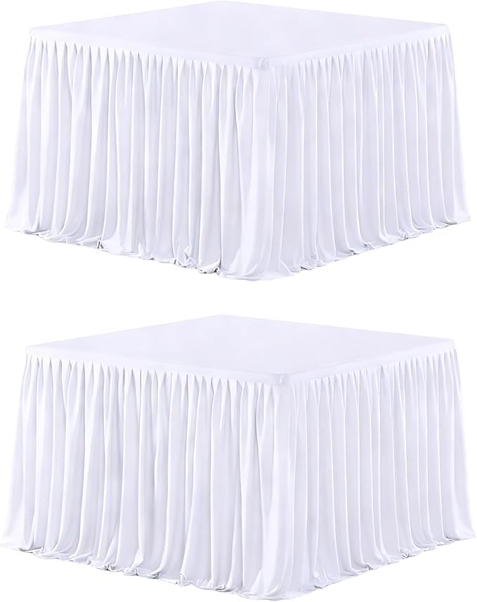 Wish Care 2 Pack White Square Table Clothes for 2.8 Foot Tables, Polyester Fitted Tablecloths 2.8ft Stretch Table Cover for Wedding, Birthday, Parties, Trade Show, Craft Show