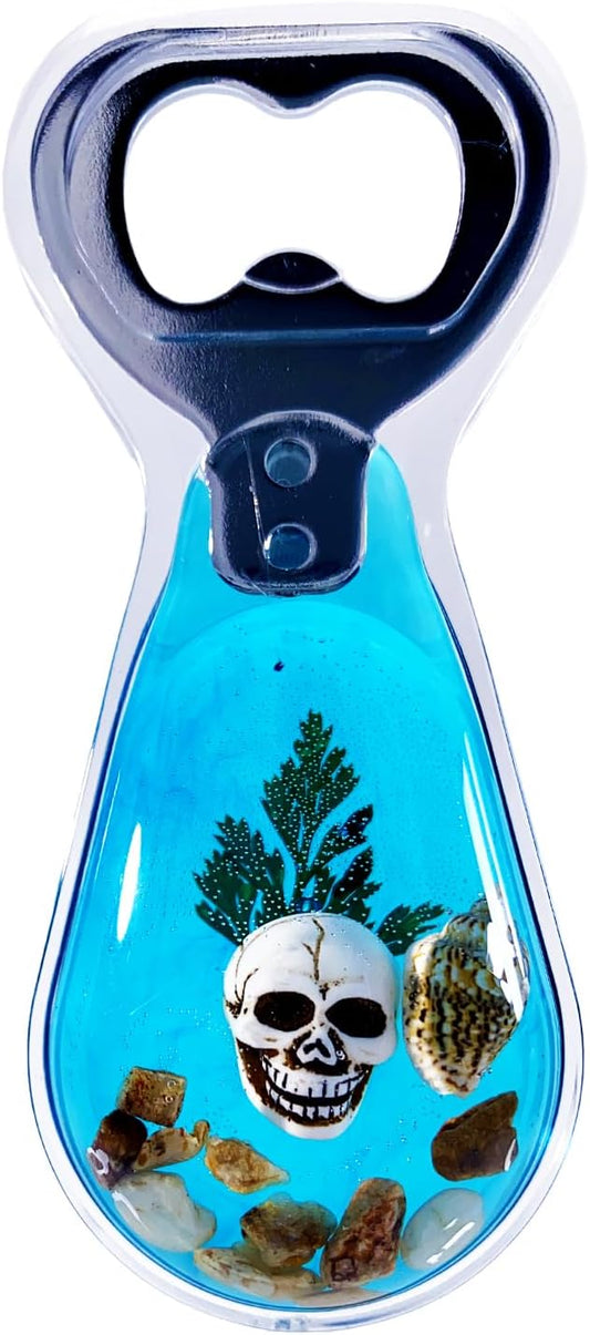 Magnetic Bottle Opener – Original Design Skull Sinking in Ocean in Blue Resin – Strong Magnet for Fridge – Lightweight Gift for Goth Decor & Bartenders – Clear Blue, 1 PCS