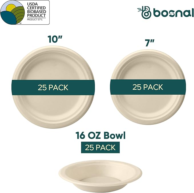 BOSNAL 10 inch & 7 inch Round Plates with 16 oz Bowls – 100% Plant-Based Sugarcane Bagasse, Eco-Friendly Disposable Dinnerware for Hot & Cold Meals, Microwave Safe, Compostable, Durable & Sustainable
