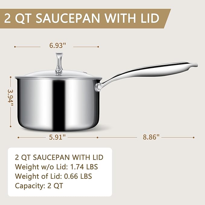 EWFEN 3 Ply Stainless Steel Saucepan with Lid, 2 Quart Multipurpose Cooking Pot, Stay-Cool Handle, Induction Oven Dishwasher Safe, 2 QT