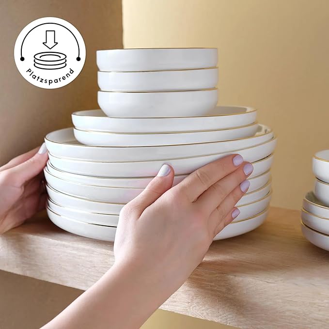 Karaca Streamline New Saturn 59-Piece Dinnerware Set for 12 People,New Generation Bone, Dinner Plates, Pasta Bowls,Salad/Cereal Bowls,Side Plates, Serving Platters,Porcelain Crockery Set, White Gold