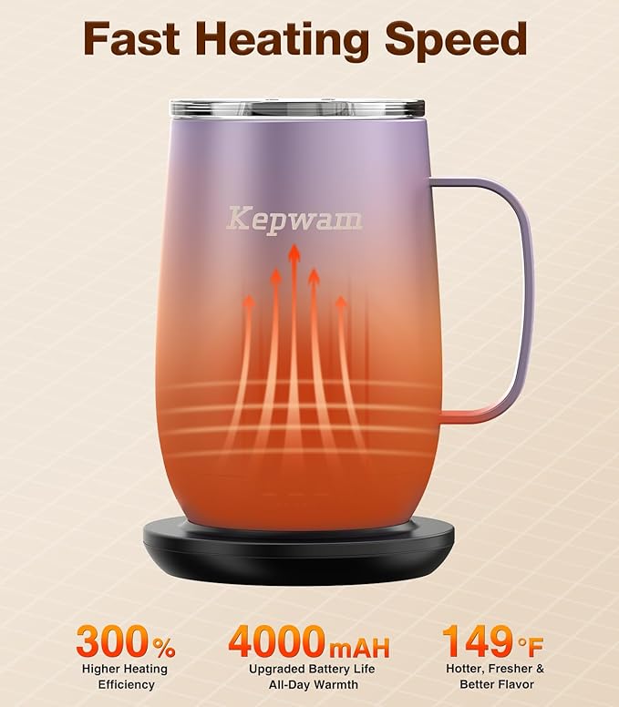 Kepwam Heated Coffee Mug T2-Plus, 20oz Leading Large Capacity Self Heating Coffee Mug, Up to 8 Hrs Battery & Hot Up to 149℉, Smart Coffee Mug for Women, Men
