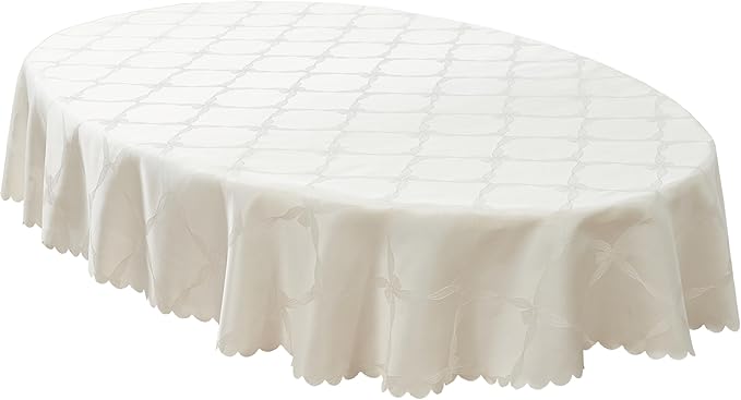 Newbridge Ribbons and Bows Damask Spring & Easter Holiday Fabric Tablecloth, Ivory, 60 x 84 Inch Oval, Wrinkle & Stain Resistant Table Cover