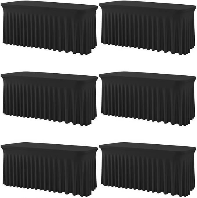 6 Pack Black Rectangle Tablecloth 72 Inch with Elastic Skirt - Wrinkle-Resistant Spandex Fitted 6FT Tables, Stretchable Table Cover for Wedding Banquet Birthday Party Buffet Restaurant