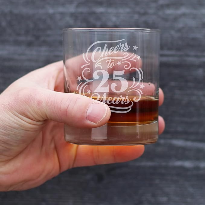 Bevvee Cheers to 25 Years - Whiskey Rocks Glass Gifts for Women & Men - 25th Anniversary Party Decor - 10.25 Oz Glasses