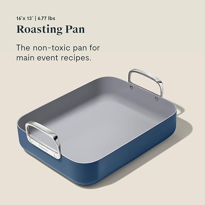 Caraway Roasting Pan - 16x13” Roasting Pan with Rack - Non-Stick Ceramic Coated - Non Toxic, PTFE & PFOA Free - Oven Safe & Compatible with All Stovetops - Navy