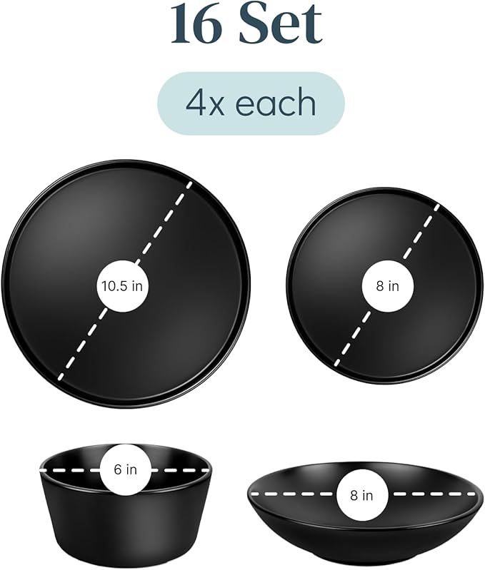 16 Piece Dinnerware Sets for 4 - Matte Black Modern Style Stoneware Dinnerware Set - Scratch Resistant, Dishwasher Safe Plates and Bowls Sets Ceramic, Dish Set, Bowl and Plate Set - Matte Black