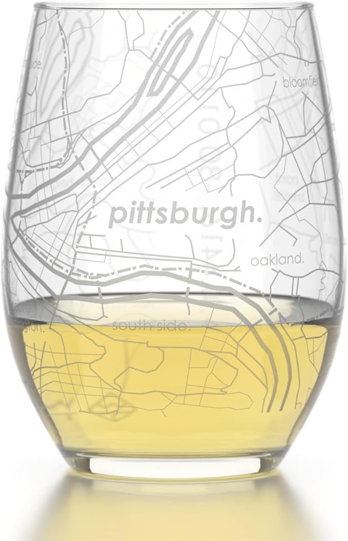 Well Told Engraved Pittsburgh Pennsylvania Map Stemless Wine Glass, Etched Glassware (15 oz, Clear) City Map Gift, Custom Barware, Gifts for Wine Lovers