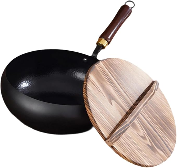 Iron Wok Nonstick Wok with Wooden Lid Soup Pot Skillet Frying Pan for Stir Frying and Stewing Open Flame Cooking Gas Stoves, 26cm